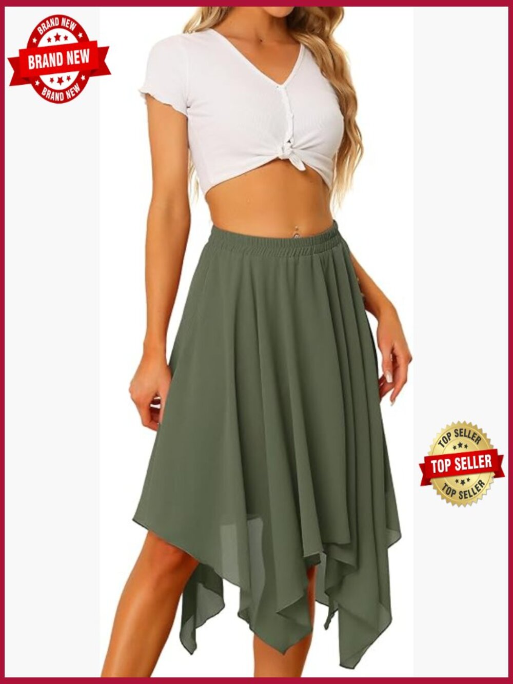 Asymmetrical Hem Midi Skirt - Elastic Waist Flowy Handkerchief